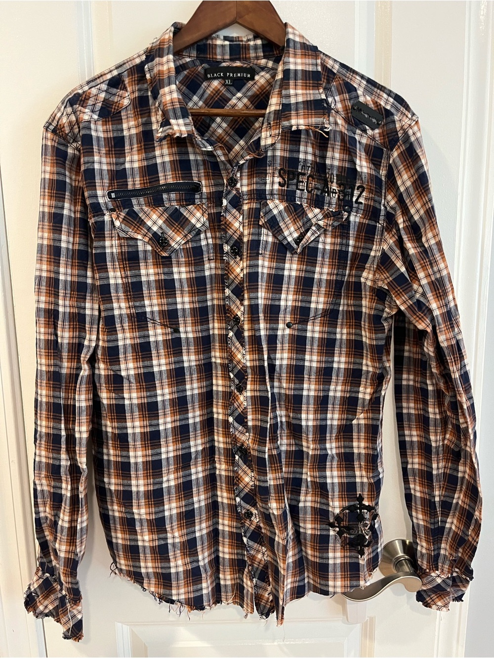 Black Premium Men's Navy and Orange Plaid Button-Down Shirt